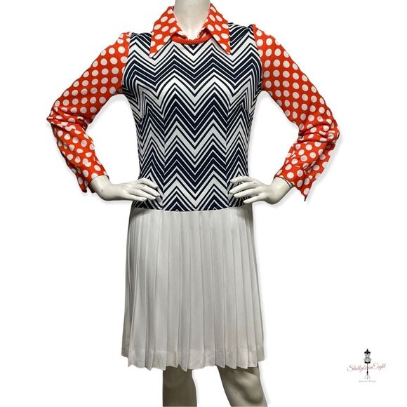 VINTAGE 1970s Fun Funky Polka Dot ZigZag Chevron Mixed Print Dress Medium 8 CuTE - Picture 7 of 14
